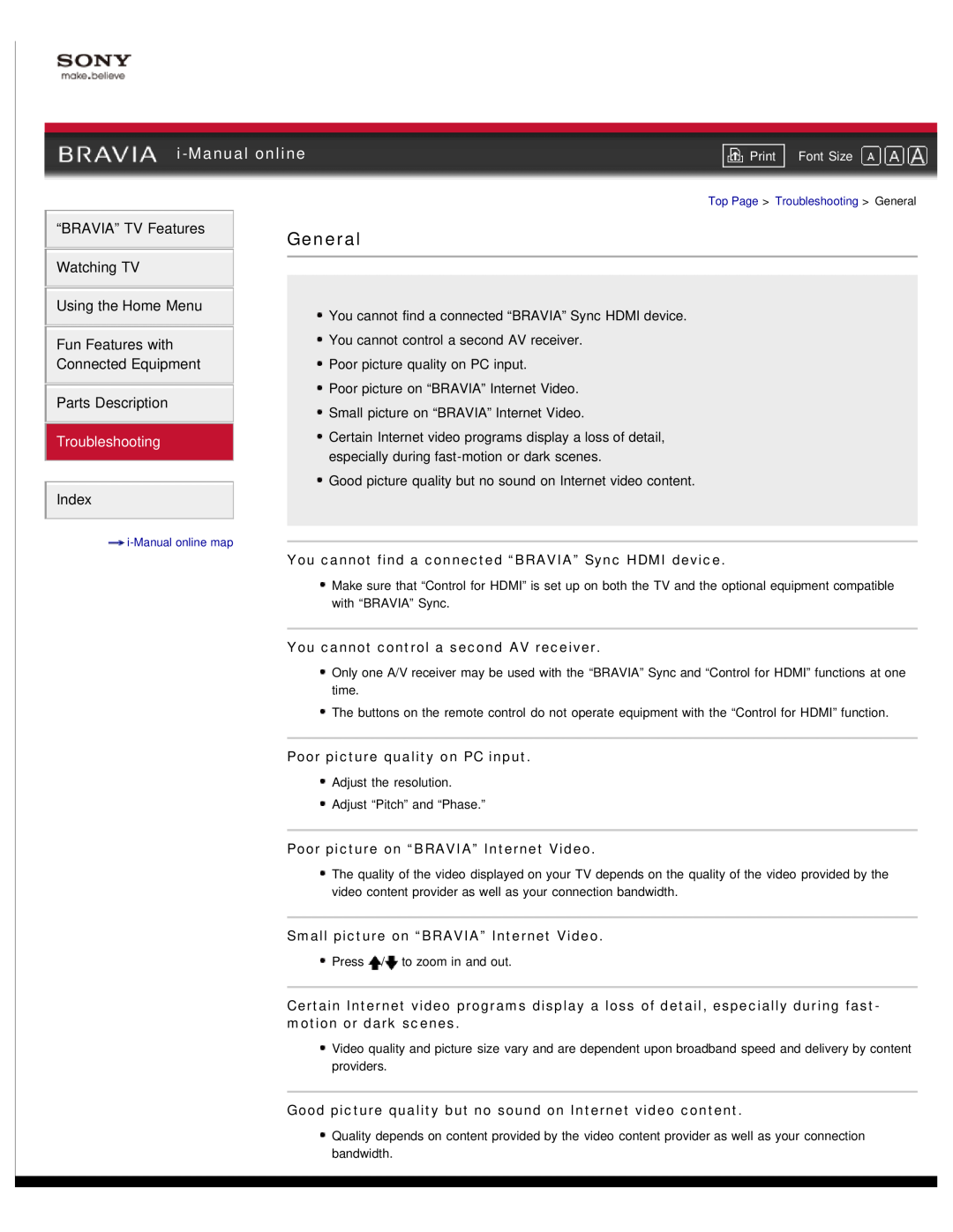 Sony NX80X manual General, i-Manual online, Troubleshooting, You cannot find a connected “BRAVIA” Sync HDMI device 