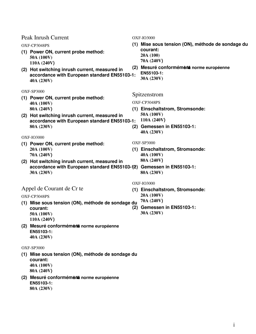 Sony OXF-R3 operation manual Peak Inrush Current, Appel de Courant de Crête, Spitzenstrom 