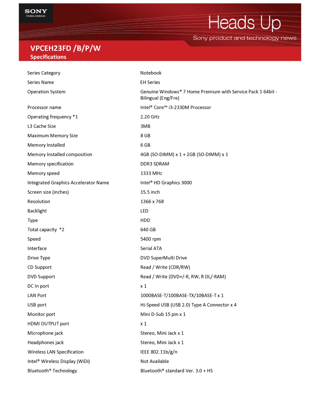 Sony P5SD2-X SE specifications 3MB, DDR3 Sdram, Led, Hdd 