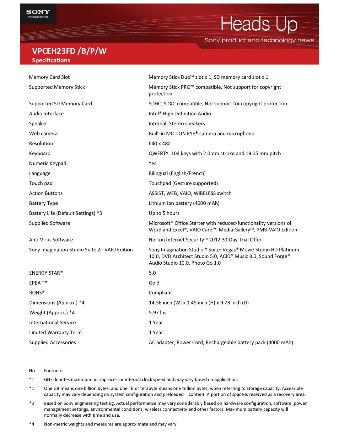 Sony P5SD2-X SE specifications Energy Star Epeat, Rohs 