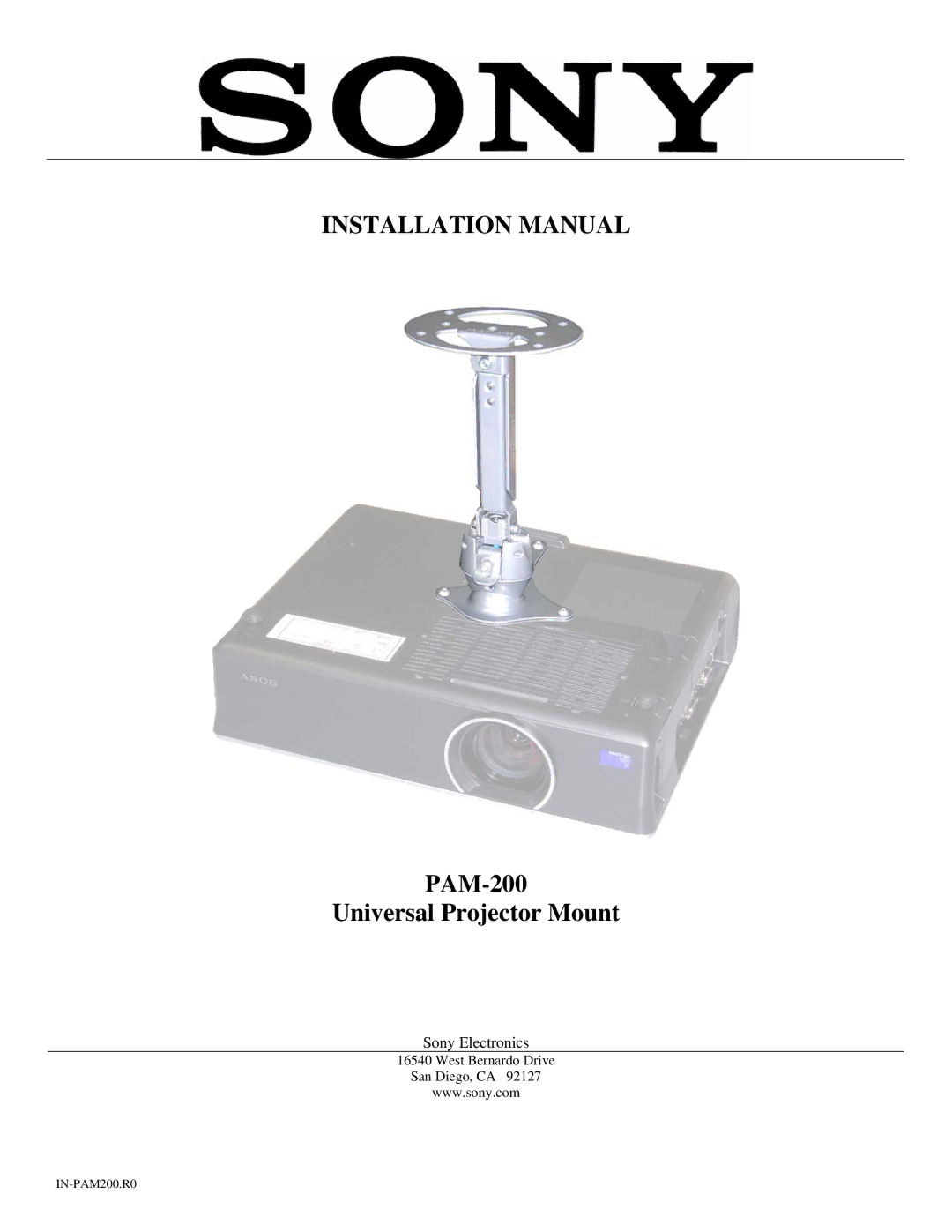 Sony installation manual Installation Manual, PAM-200 Universal Projector Mount 