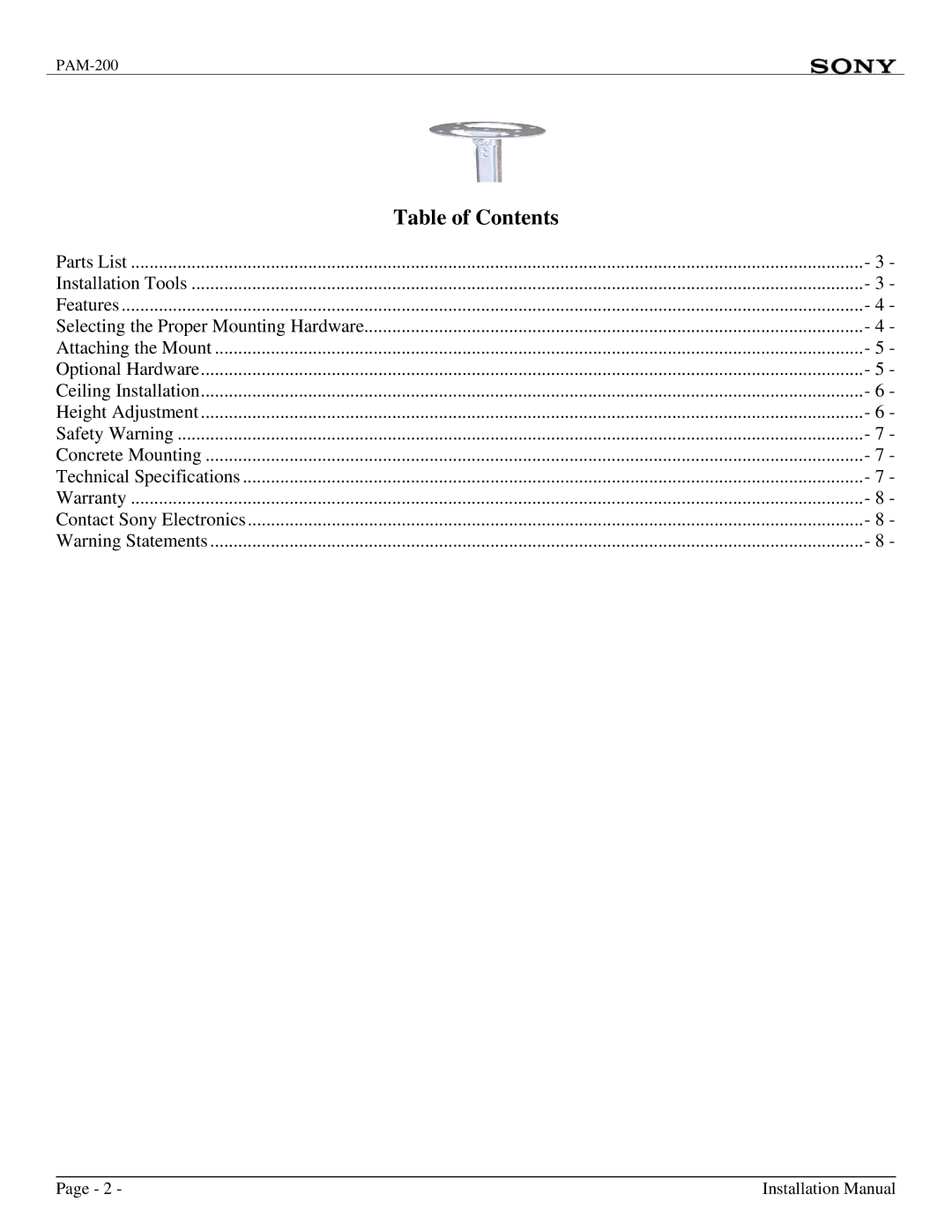 Sony PAM-200 installation manual Table of Contents 