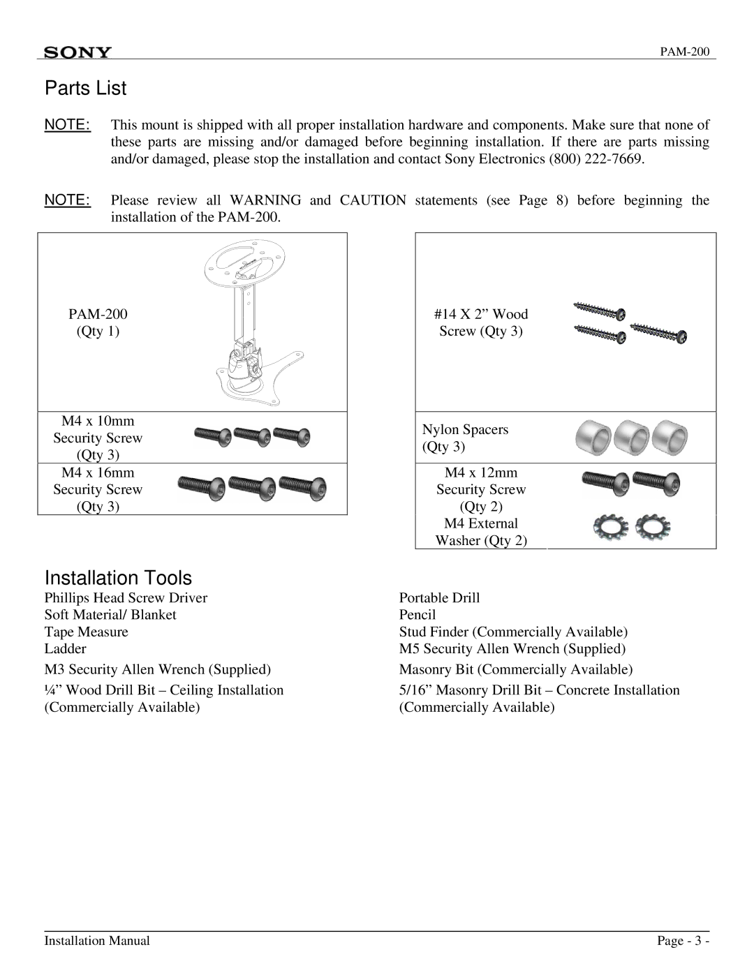 Sony PAM-200 installation manual Parts List, Installation Tools 