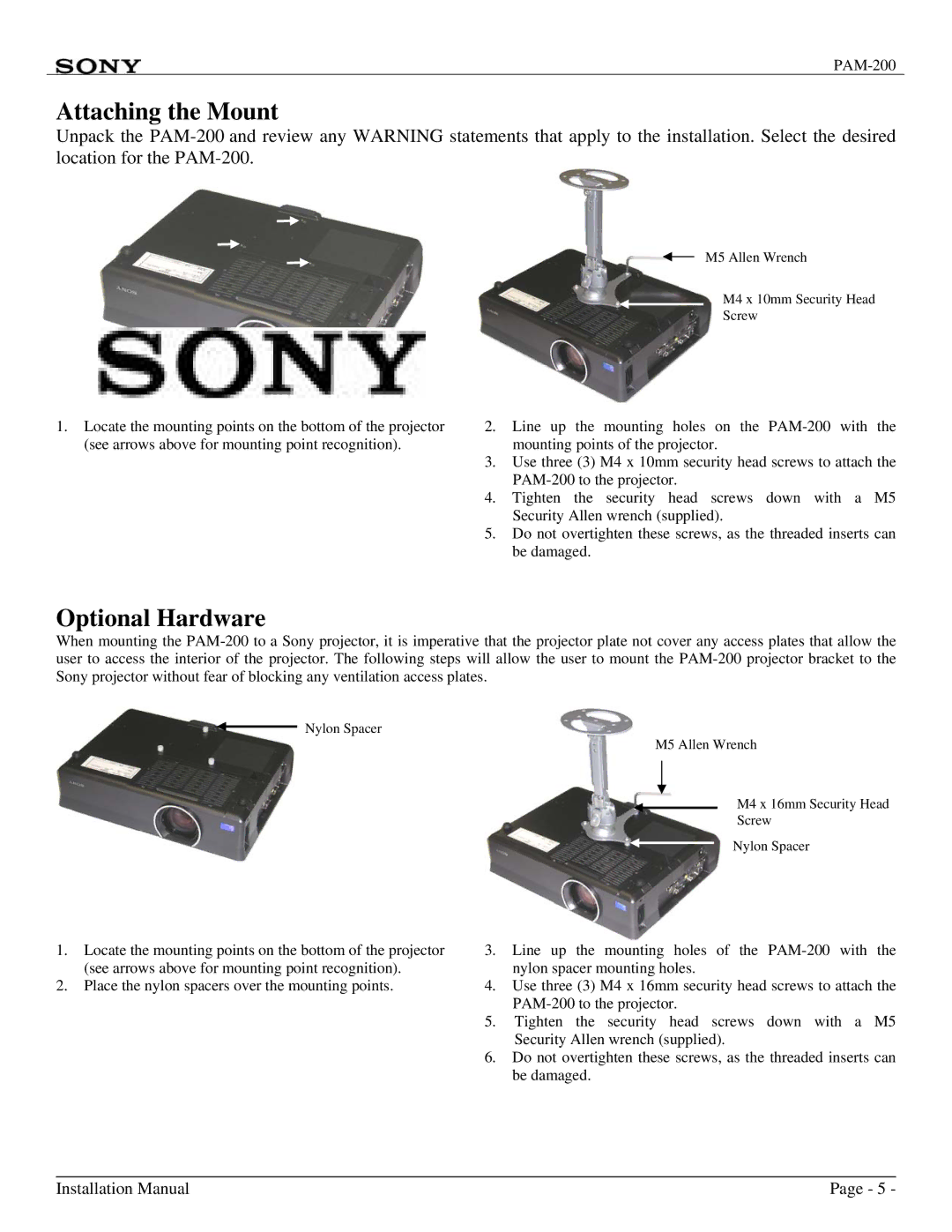 Sony PAM-200 installation manual Attaching the Mount, Optional Hardware 