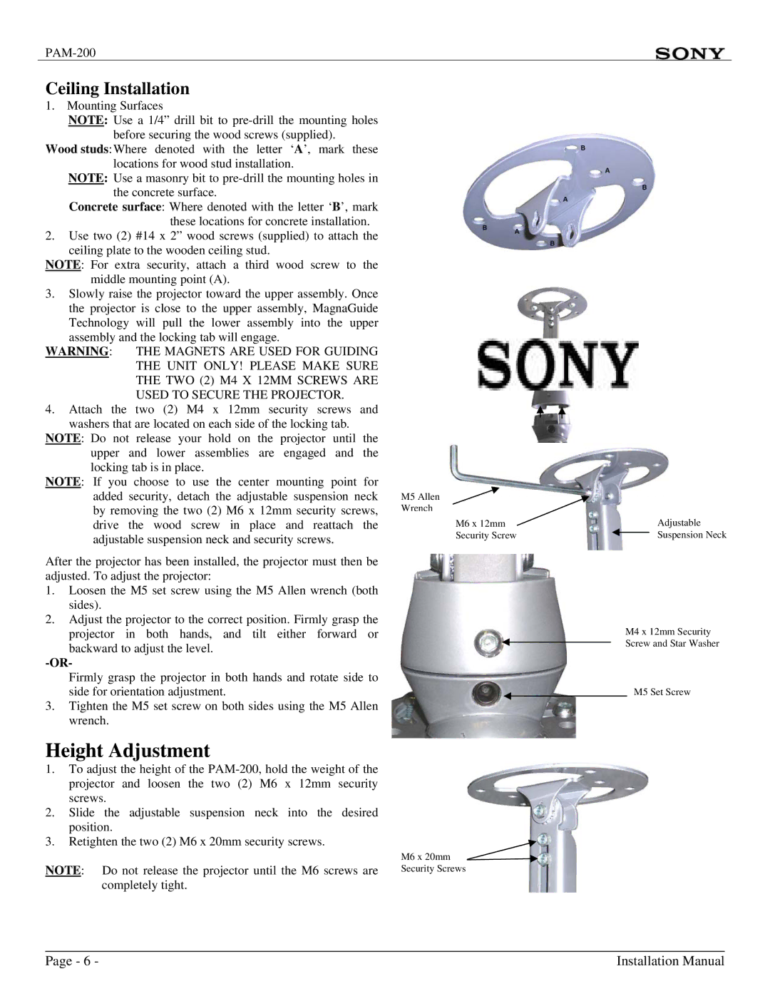 Sony PAM-200 installation manual Height Adjustment, Ceiling Installation 