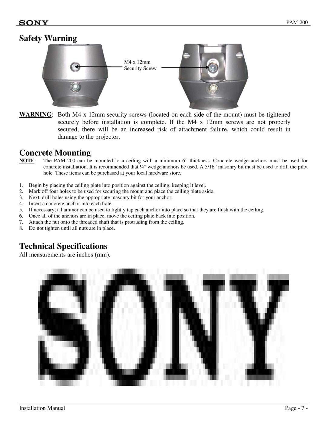 Sony PAM-200 installation manual Safety Warning, Concrete Mounting, Technical Specifications 