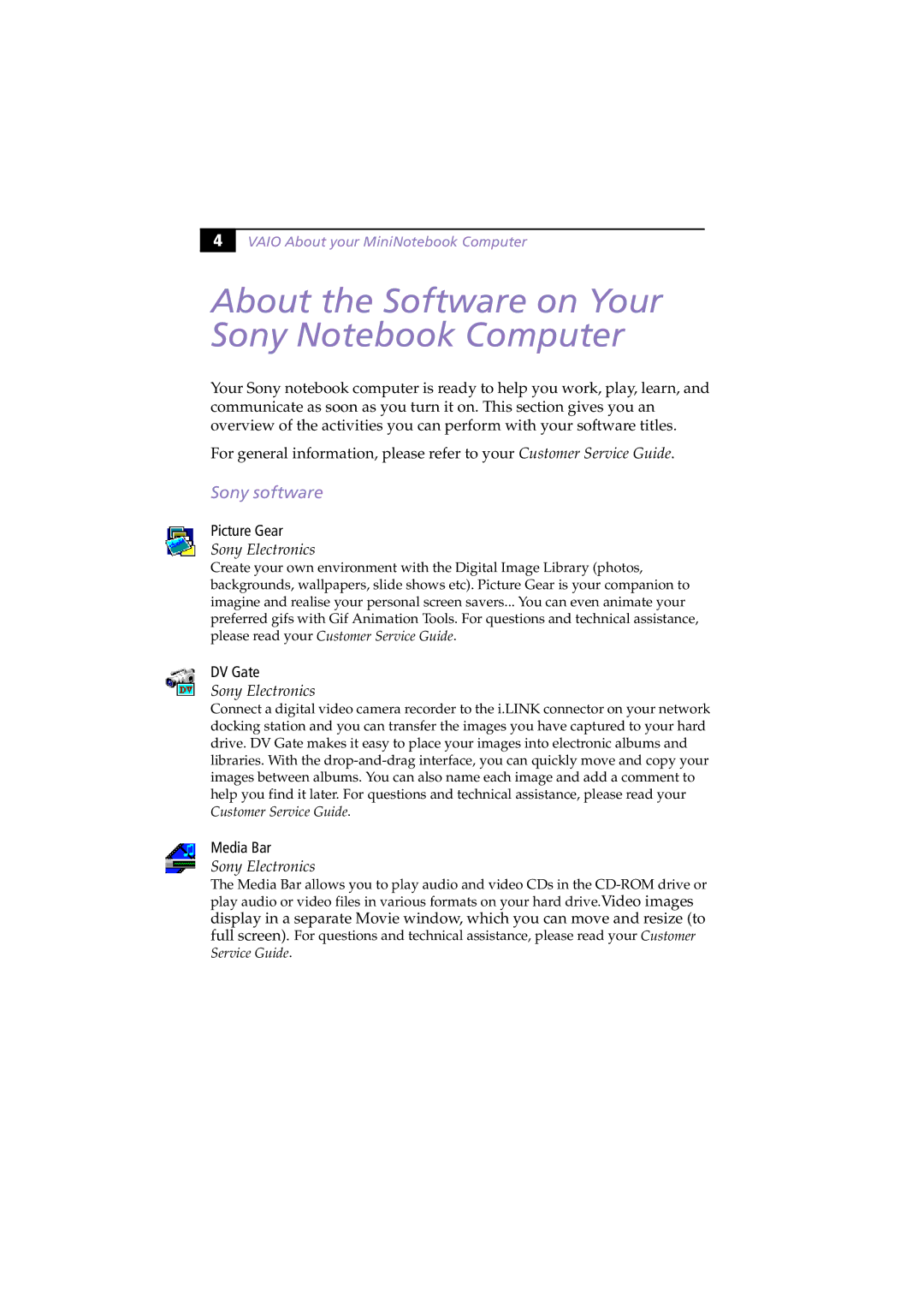 Sony PCG-505G manual About the Software on Your Sony Notebook Computer, Sony software, Picture Gear, DV Gate, Media Bar 