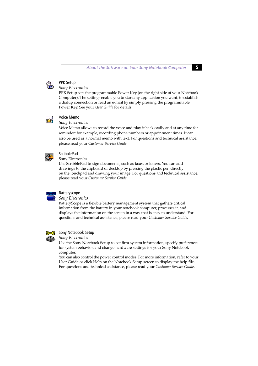 Sony PCG-505G manual PPK Setup, Voice Memo, ScribblePad, Batteryscope, Sony Notebook Setup 