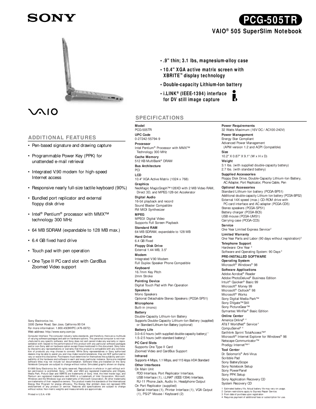 Sony PCG-505TR specifications Lcd, Mpeg, PRE-INSTALLED Software 