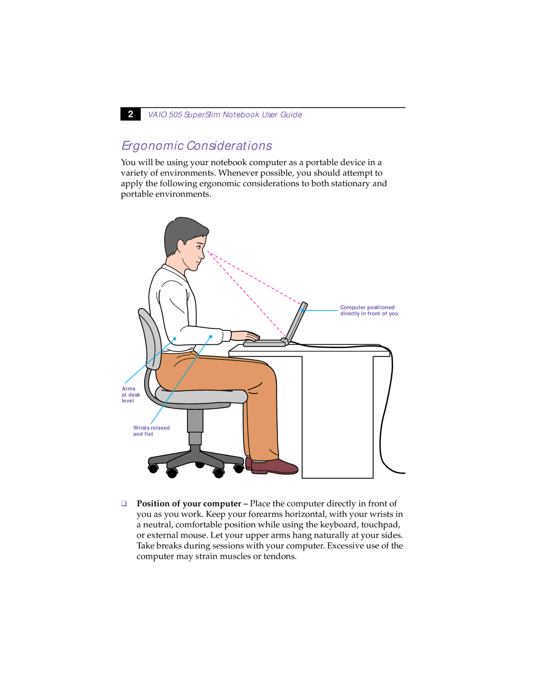 Sony PCG-505TS, PCG-505TX manual Ergonomic Considerations, Vaio 505 SuperSlim Notebook User Guide 