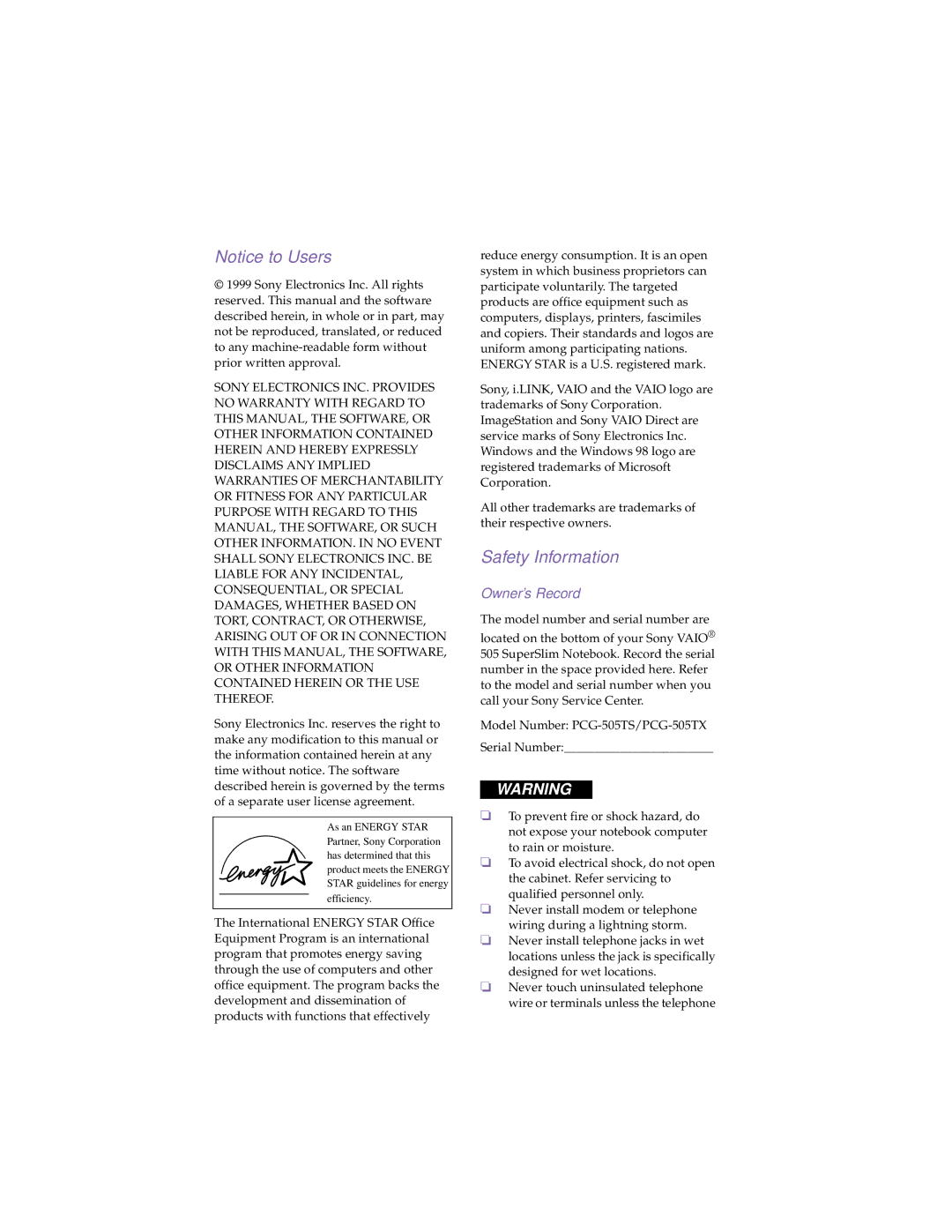 Sony PCG-505TS, PCG-505TX manual Safety Information 