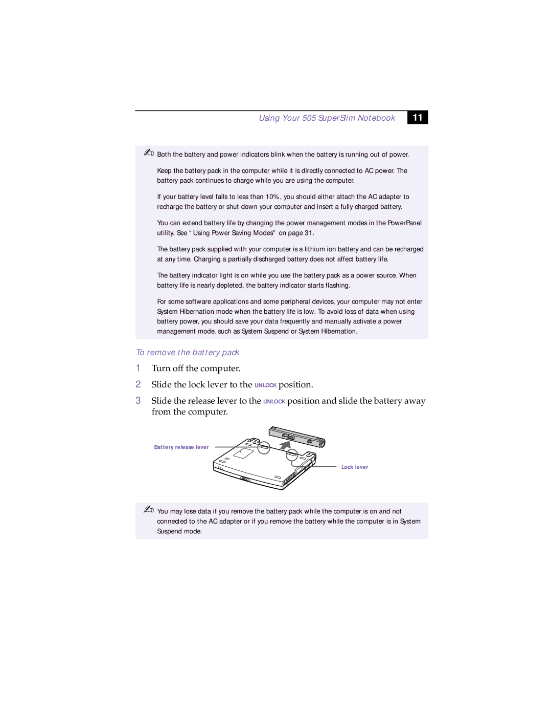 Sony PCG-505TX, PCG-505TS manual To remove the battery pack 