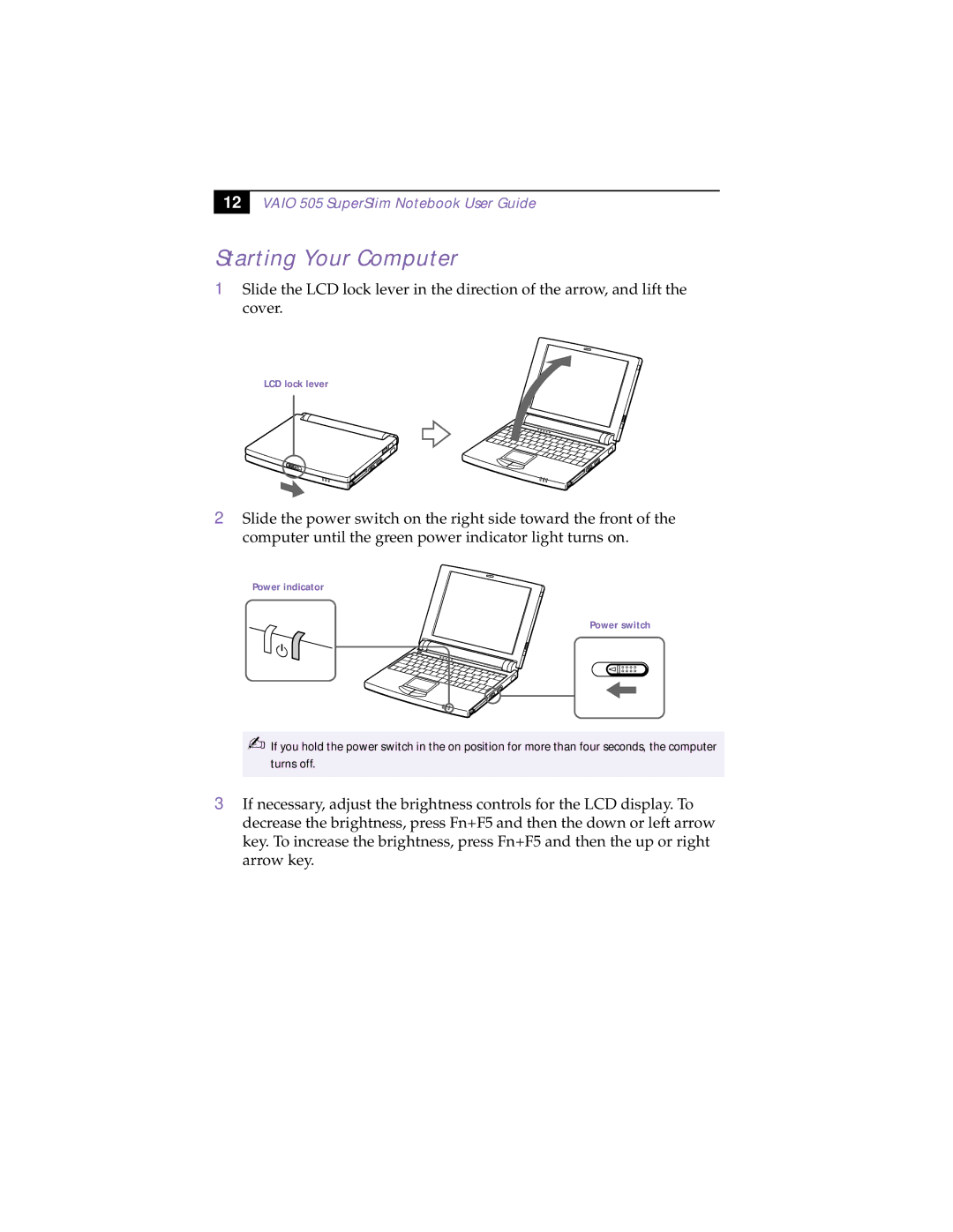 Sony PCG-505TS, PCG-505TX manual Starting Your Computer, Vaio 505 SuperSlim Notebook User Guide 