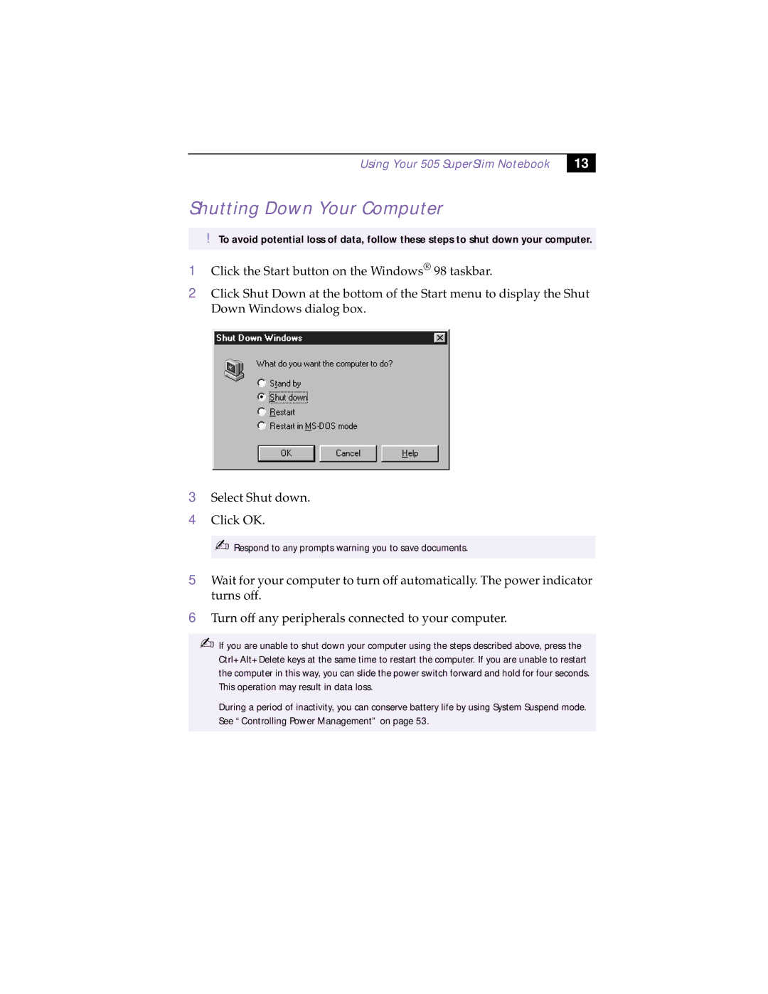 Sony PCG-505TX, PCG-505TS manual Shutting Down Your Computer 