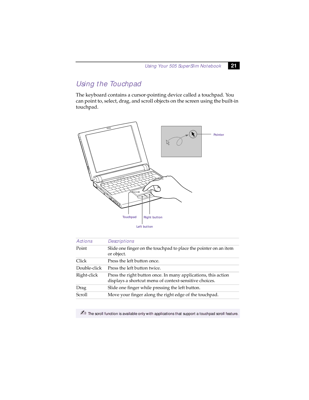 Sony PCG-505TX, PCG-505TS manual Using the Touchpad, Actions Descriptions 