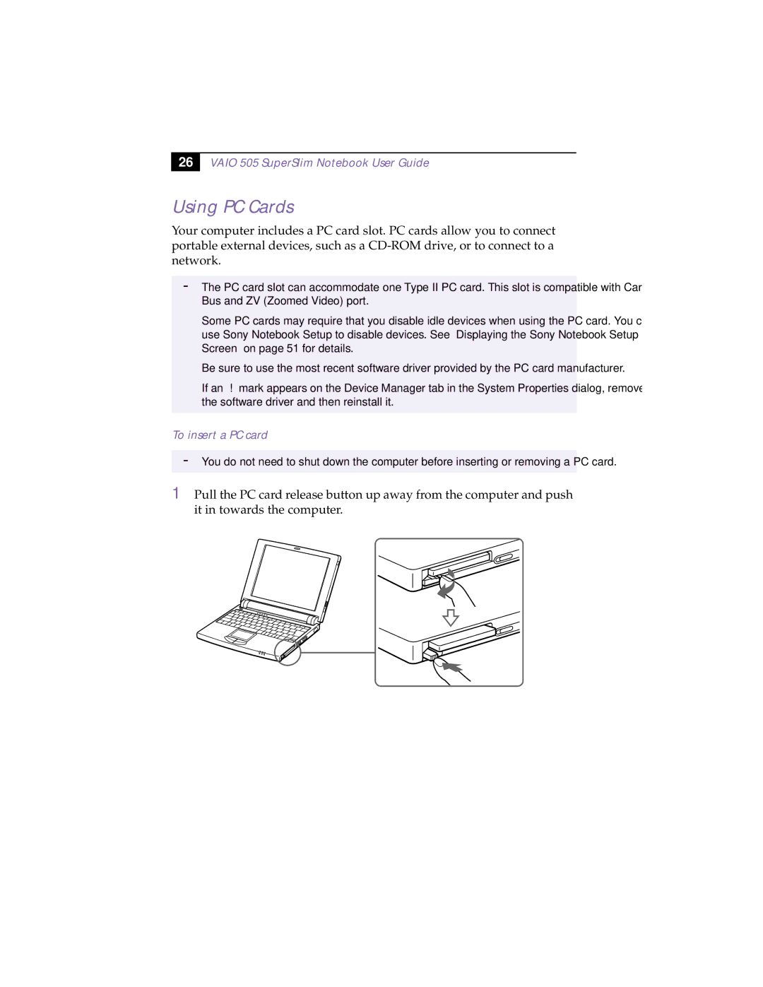 Sony PCG-505TS, PCG-505TX manual Using PC Cards, To insert a PC card 