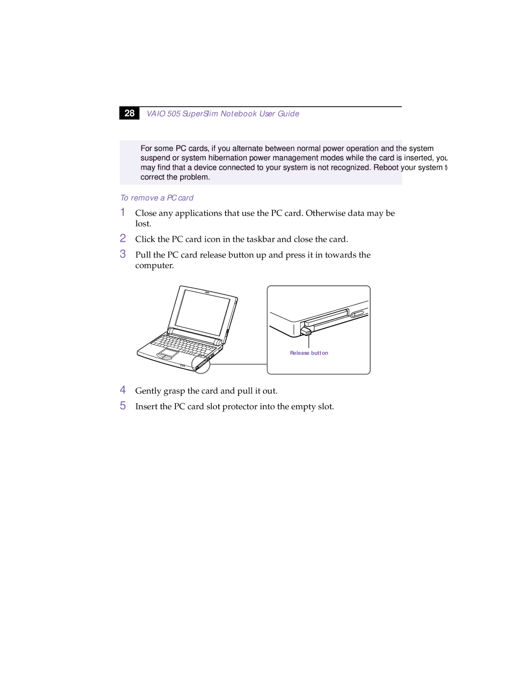 Sony PCG-505TS, PCG-505TX manual To remove a PC card 