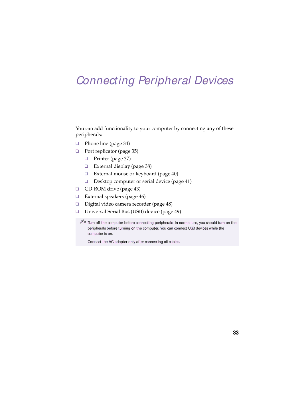 Sony PCG-505TX, PCG-505TS manual Connecting Peripheral Devices 