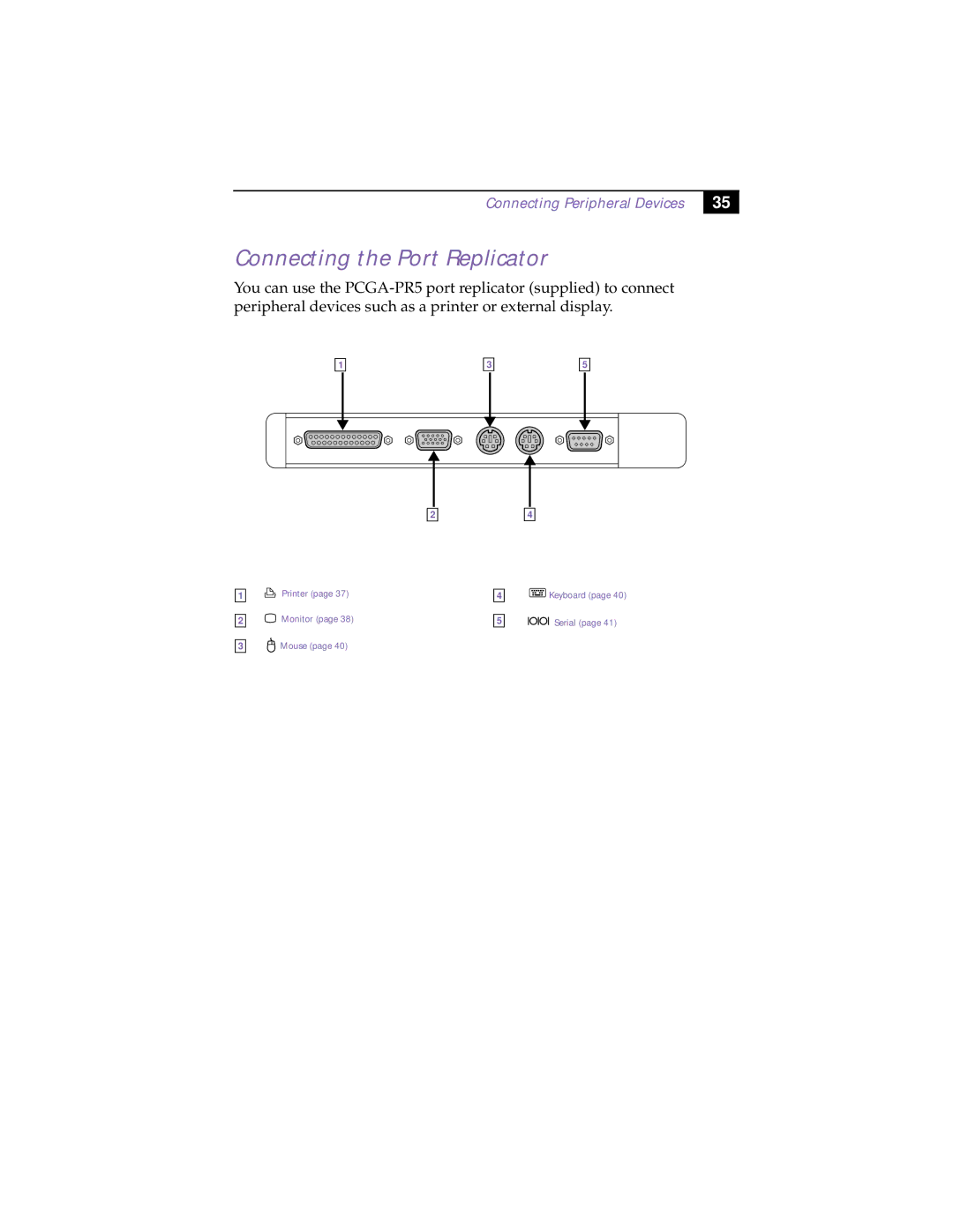 Sony PCG-505TX, PCG-505TS manual Connecting the Port Replicator, Connecting Peripheral Devices 