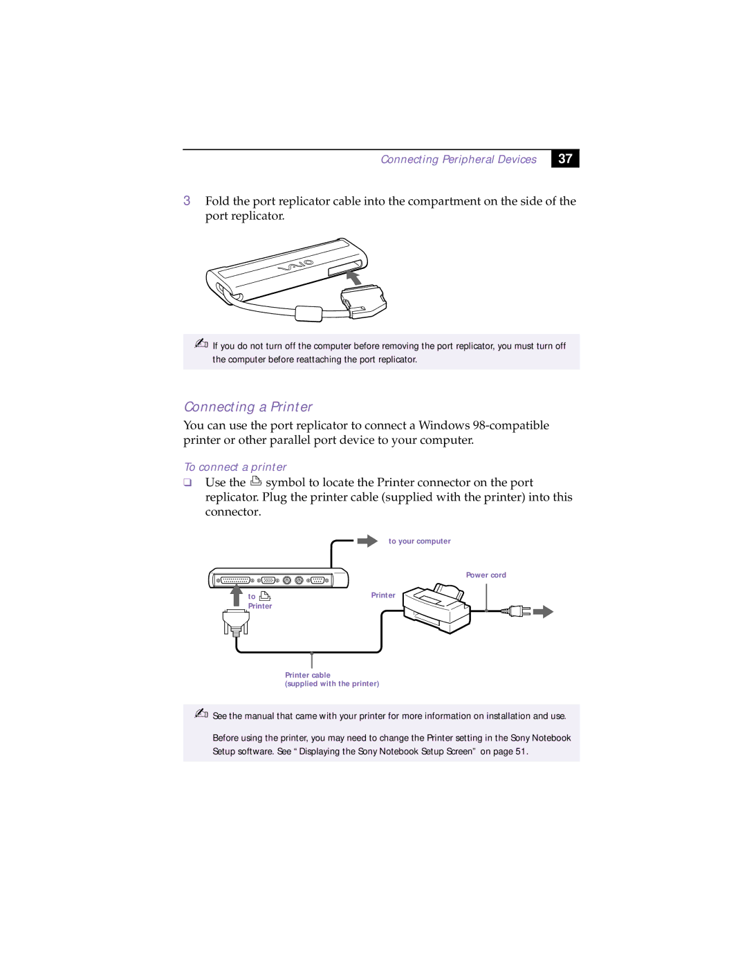 Sony PCG-505TX, PCG-505TS manual Connecting a Printer, To connect a printer 