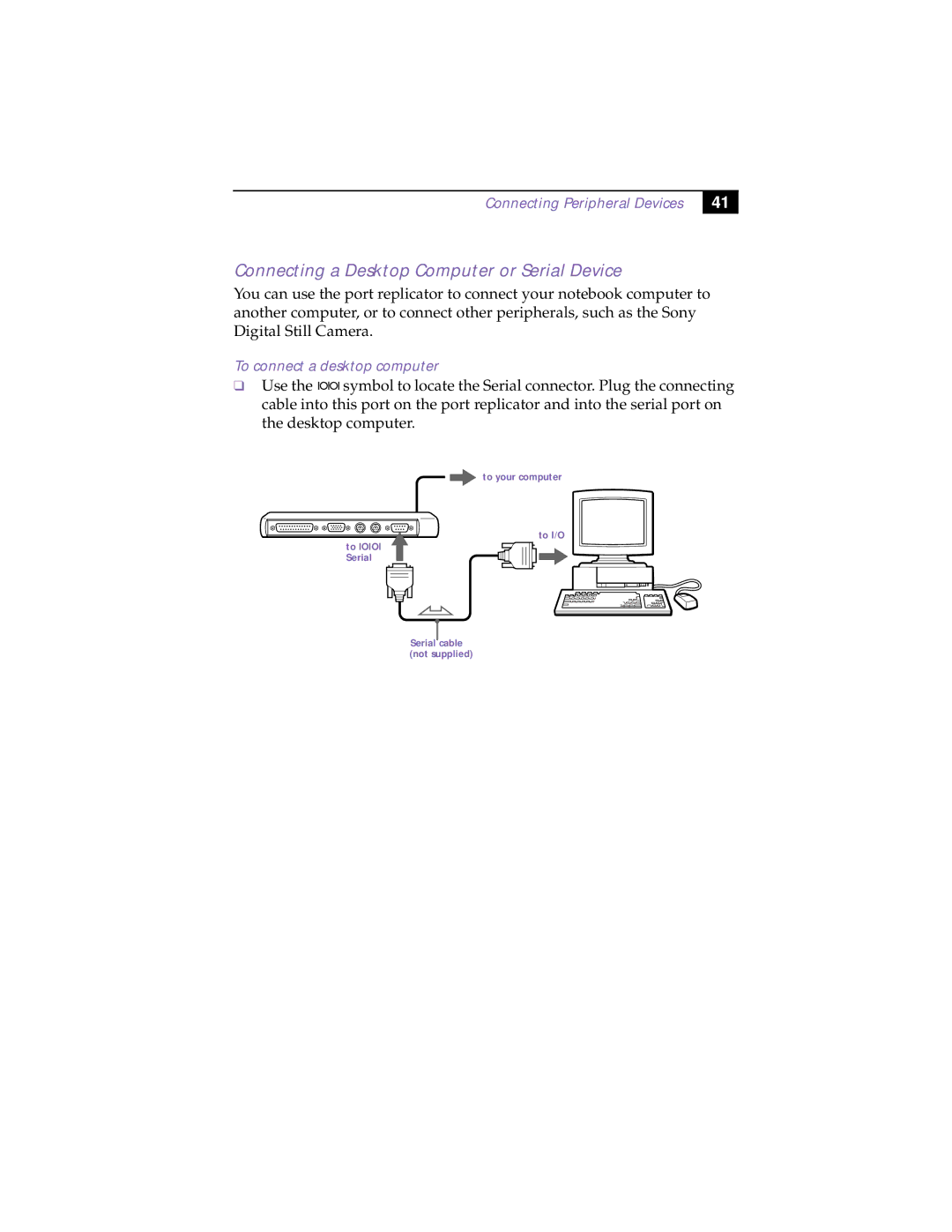 Sony PCG-505TX, PCG-505TS manual Connecting a Desktop Computer or Serial Device, To connect a desktop computer 