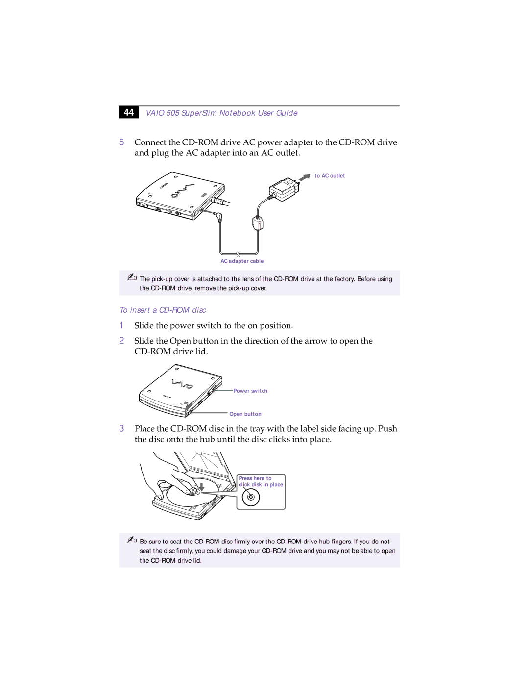 Sony PCG-505TS, PCG-505TX manual Vaio 505 SuperSlim Notebook User Guide, To insert a CD-ROM disc 