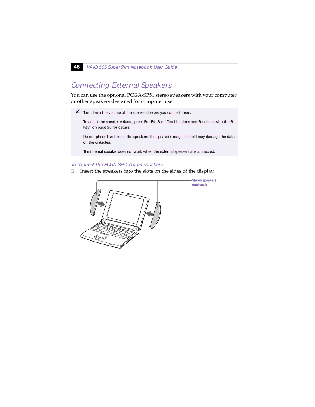 Sony PCG-505TS, PCG-505TX manual Connecting External Speakers, To connect the PCGA-SP51 stereo speakers 