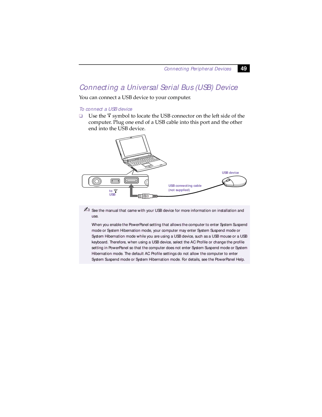 Sony PCG-505TX, PCG-505TS manual Connecting a Universal Serial Bus USB Device, To connect a USB device 