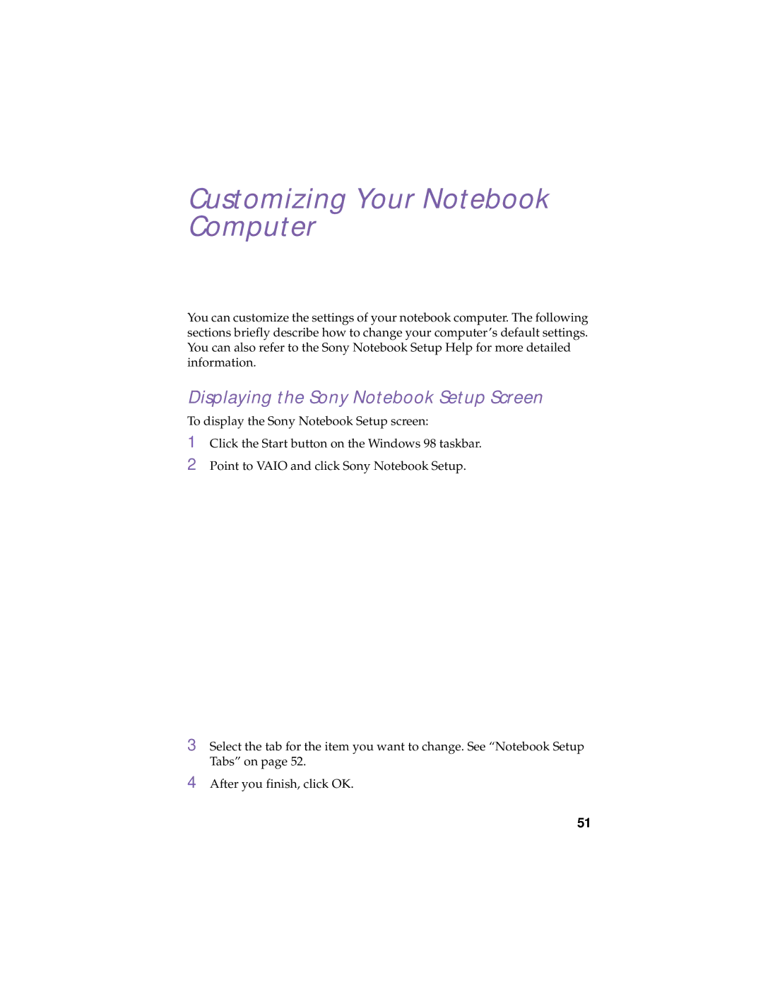 Sony PCG-505TX, PCG-505TS manual Customizing Your Notebook Computer, Displaying the Sony Notebook Setup Screen 