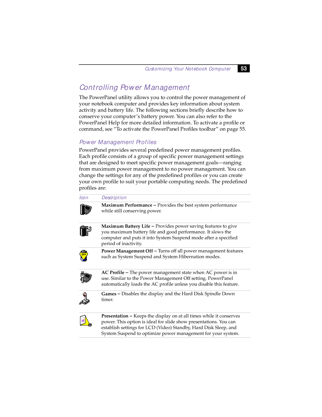 Sony PCG-505TX, PCG-505TS manual Controlling Power Management, Power Management Profiles, Customizing Your Notebook Computer 