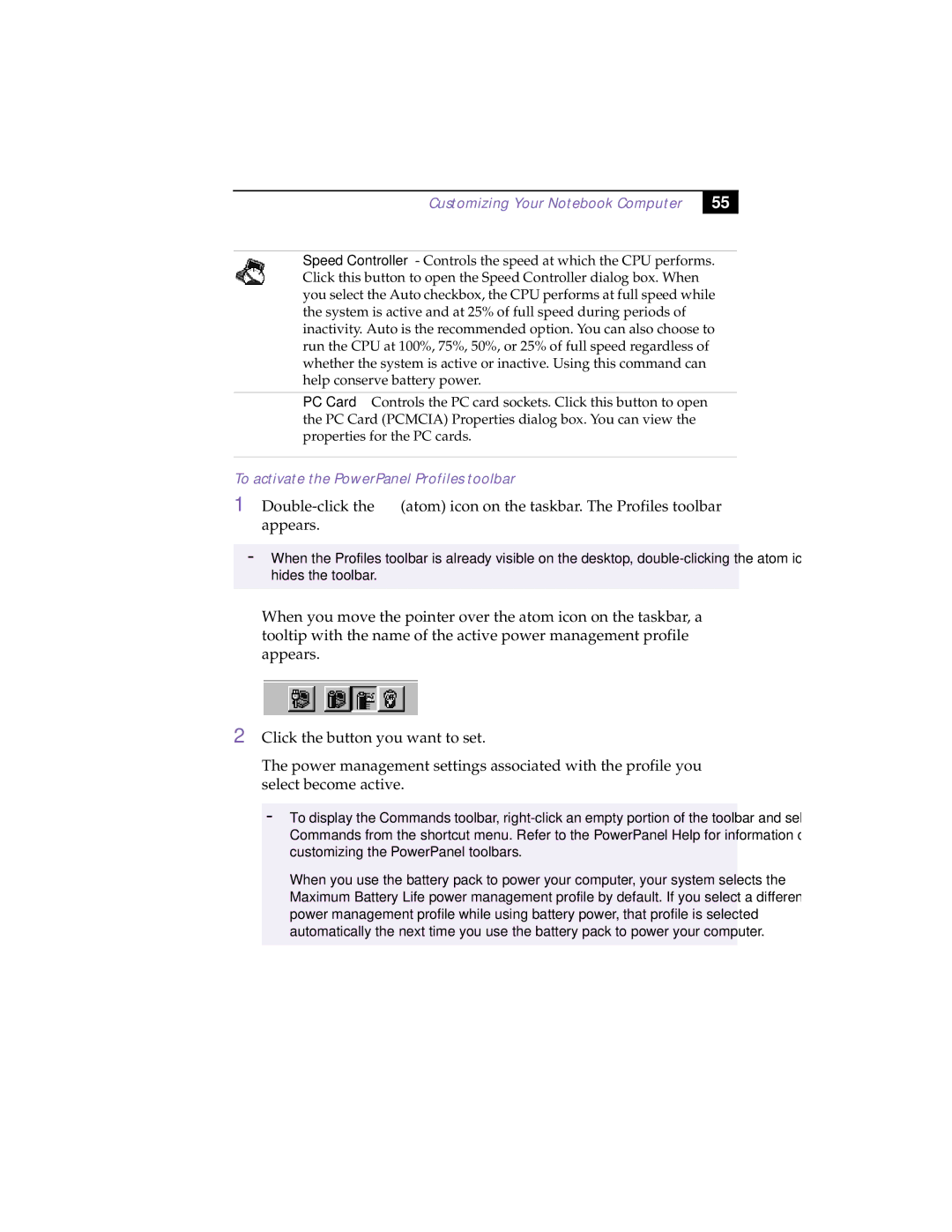 Sony PCG-505TX, PCG-505TS manual To activate the PowerPanel Profiles toolbar 