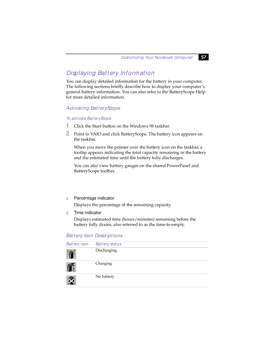 Sony PCG-505TX, PCG-505TS manual Displaying Battery Information, Activating BatteryScope, Battery Icon Descriptions 