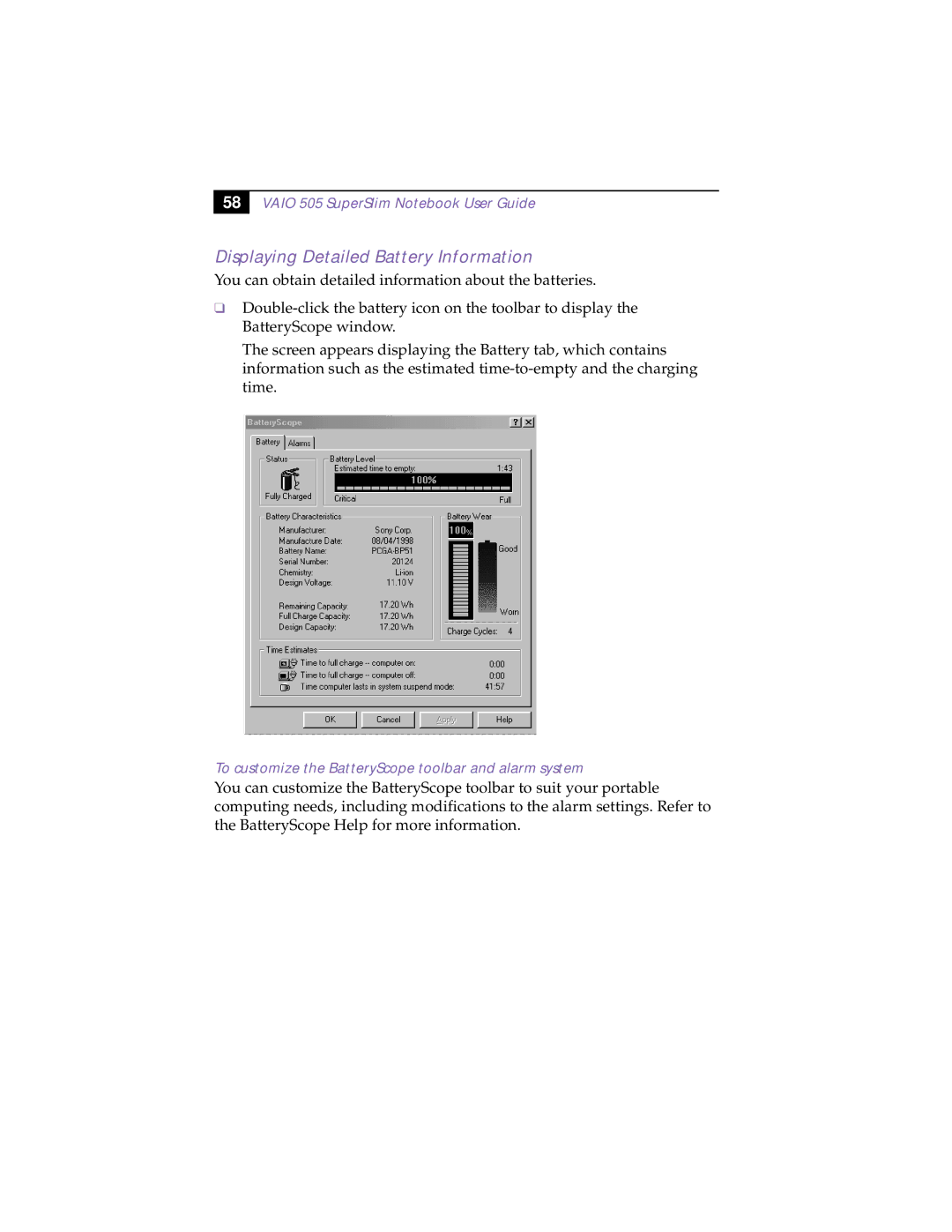 Sony PCG-505TS, PCG-505TX Displaying Detailed Battery Information, To customize the BatteryScope toolbar and alarm system 