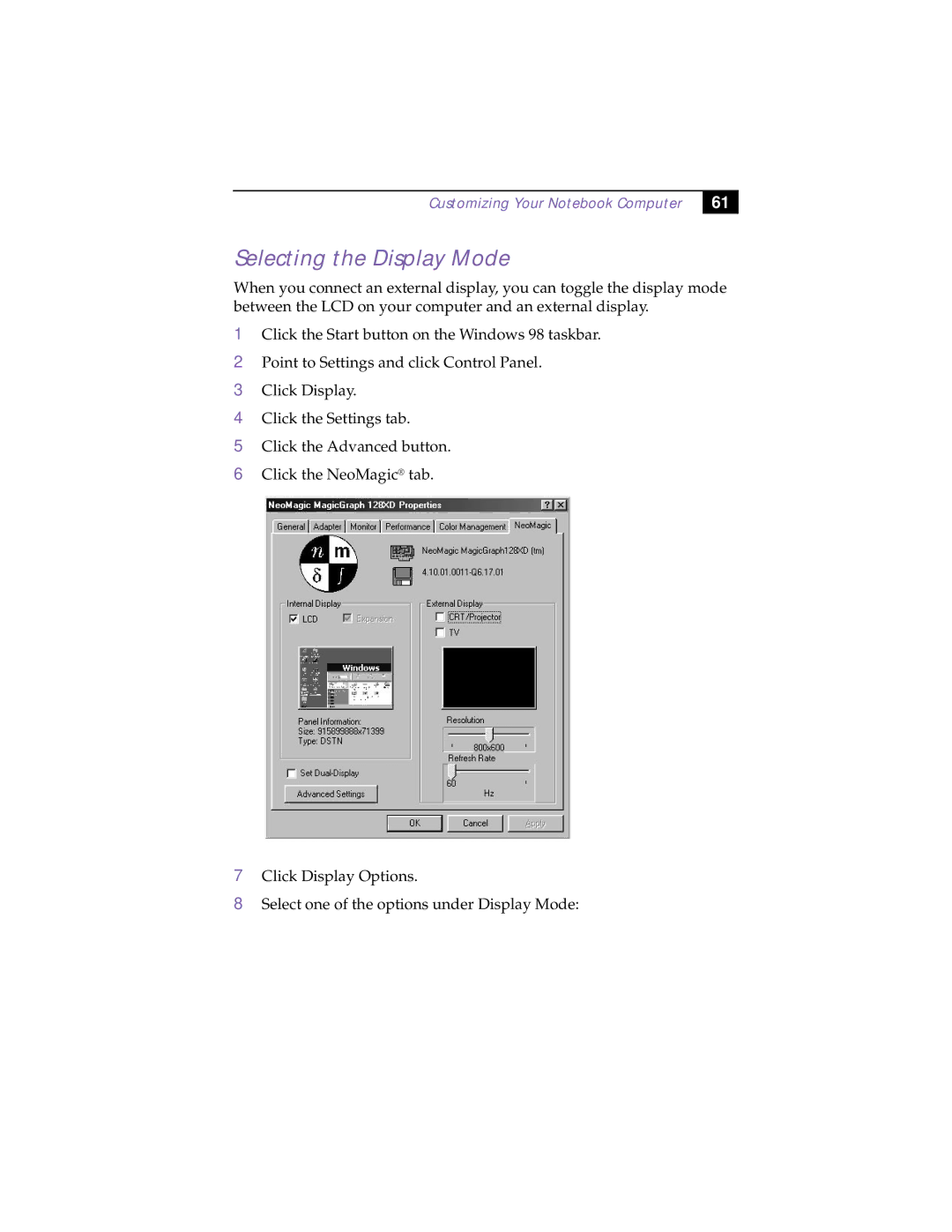 Sony PCG-505TX, PCG-505TS manual Selecting the Display Mode 