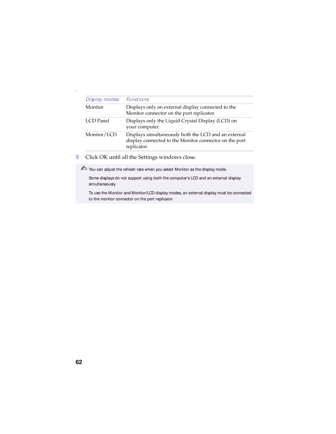 Sony PCG-505TS, PCG-505TX manual Click OK until all the Settings windows close, Display modes Functions 