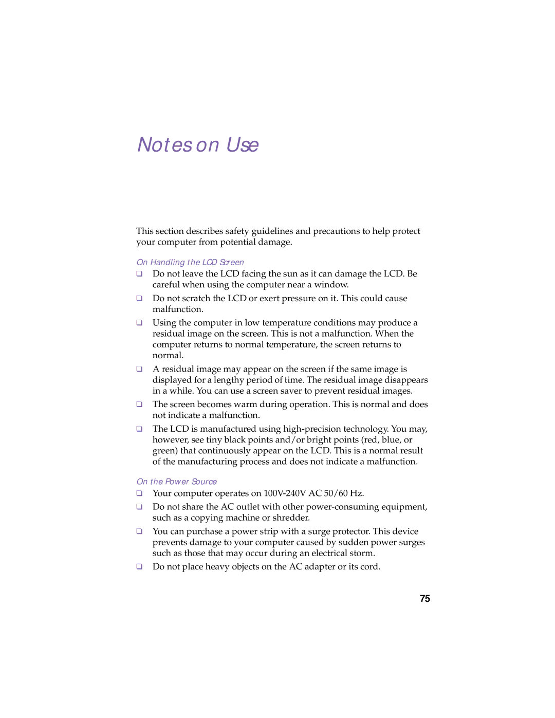 Sony PCG-505TX, PCG-505TS manual On Handling the LCD Screen, On the Power Source 