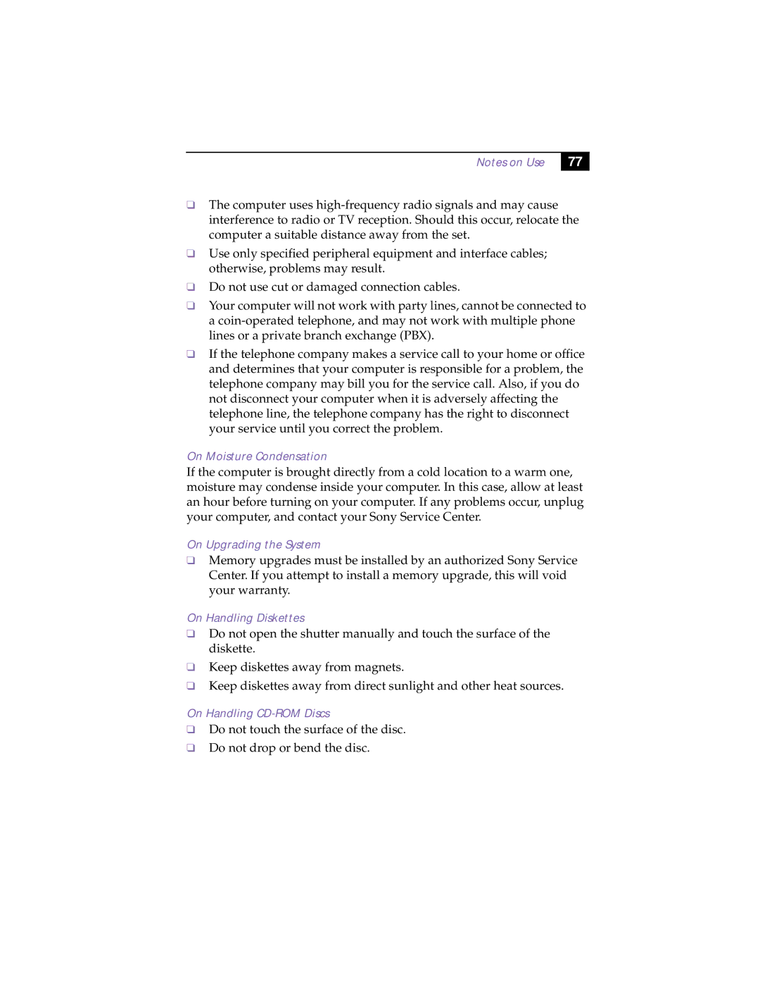 Sony PCG-505TX manual On Moisture Condensation, On Upgrading the System, On Handling Diskettes, On Handling CD-ROM Discs 