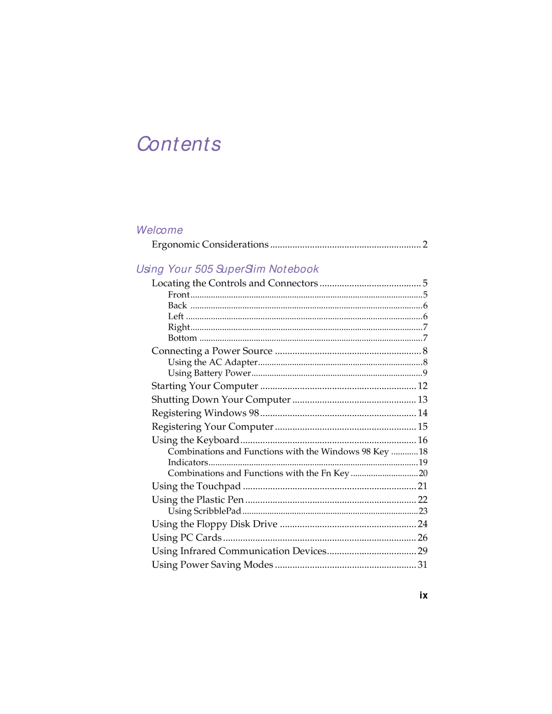 Sony PCG-505TX, PCG-505TS manual Contents 