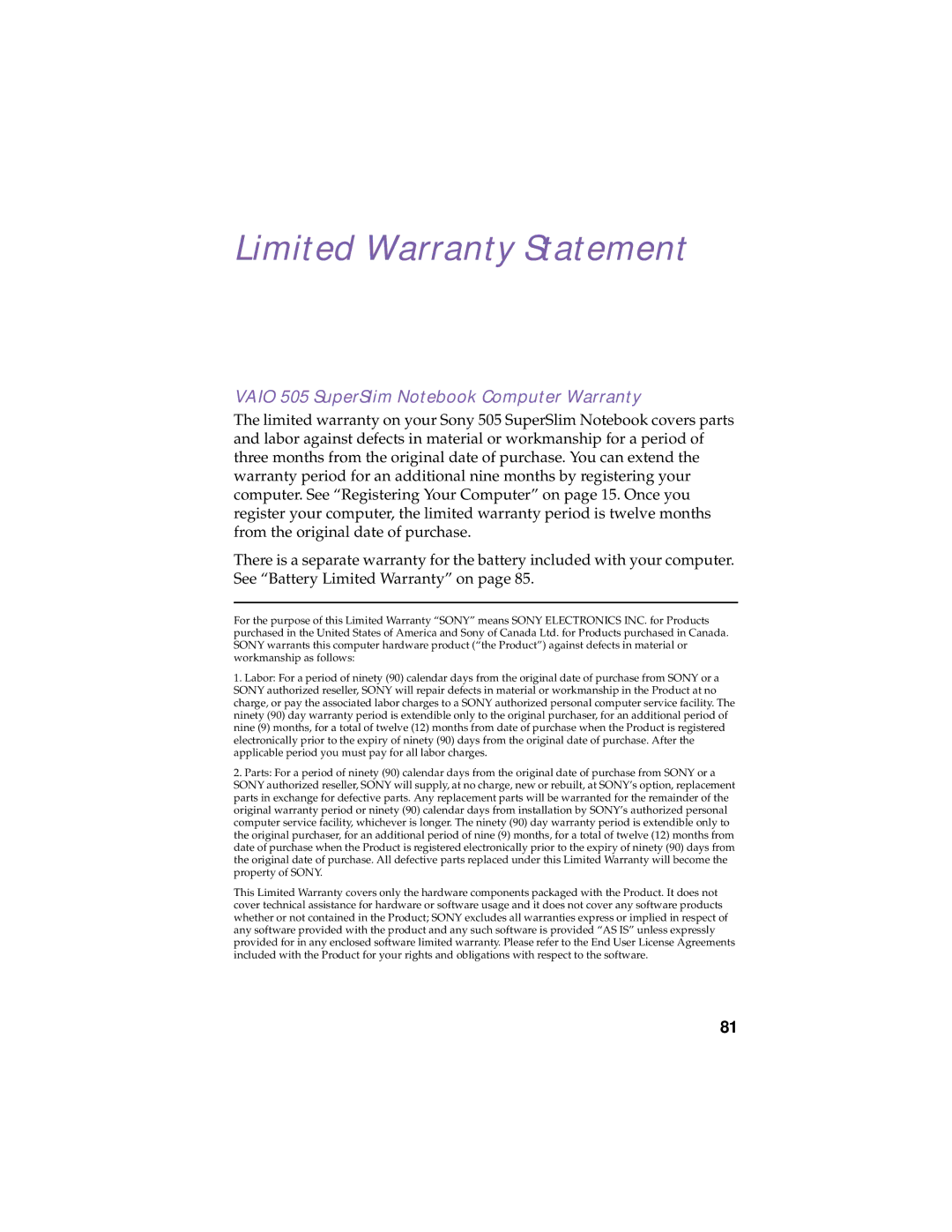 Sony PCG-505TX, PCG-505TS manual Limited Warranty Statement, Vaio 505 SuperSlim Notebook Computer Warranty 