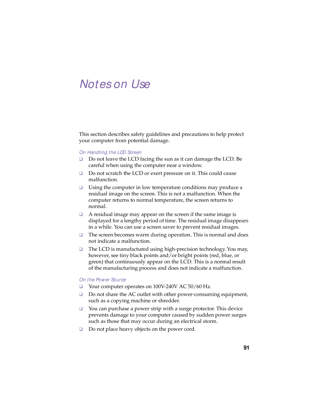 Sony PCG-838 manual On Handling the LCD Screen, On the Power Source 