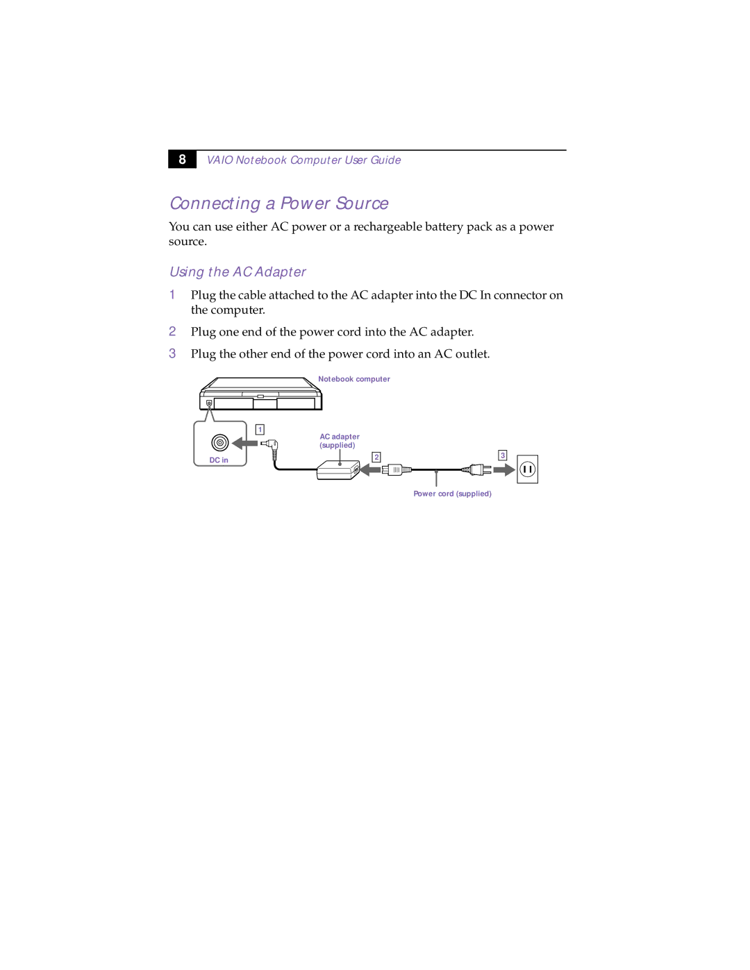 Sony PCG-838 manual Connecting a Power Source, Using the AC Adapter 