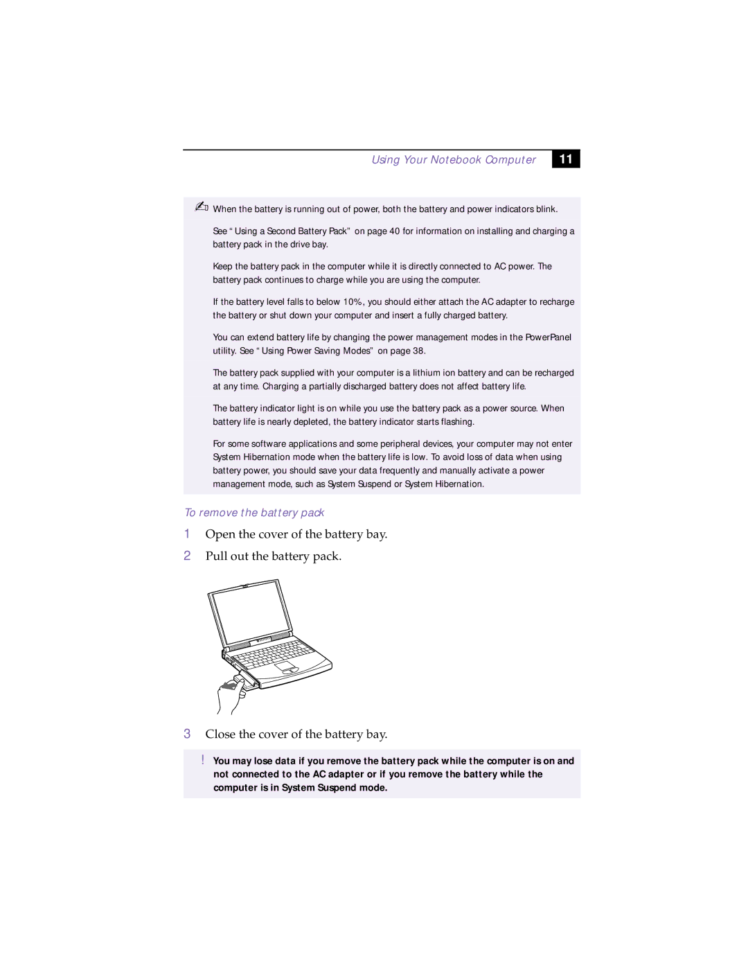 Sony PCG-838 manual To remove the battery pack 