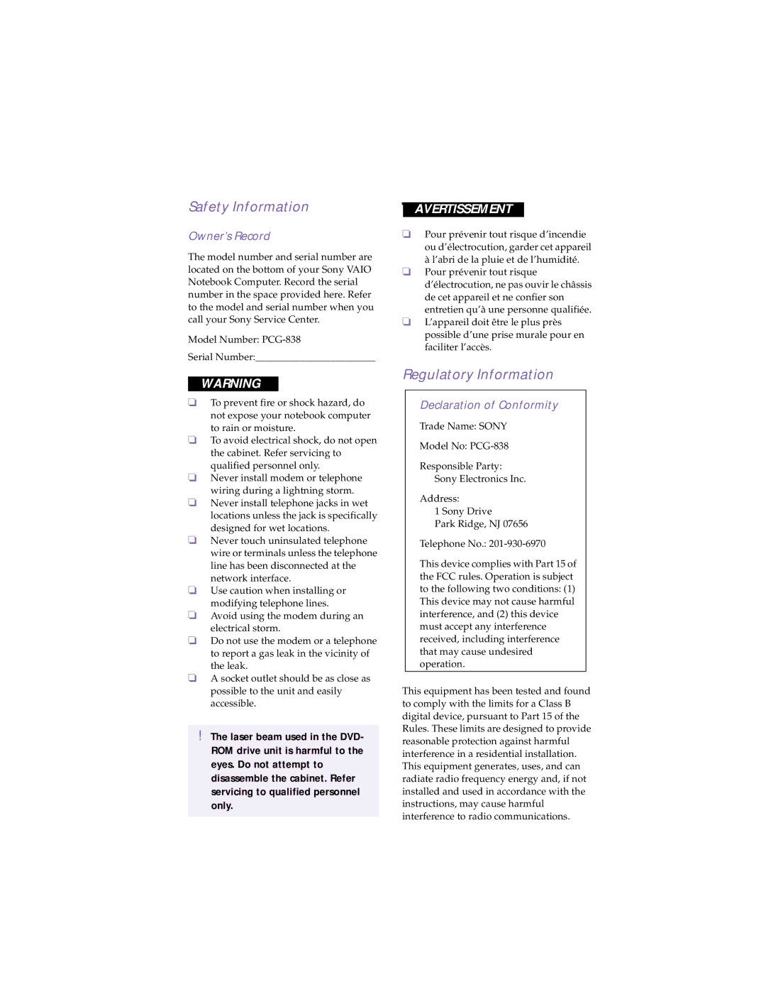 Sony PCG-838 manual Safety Information, Regulatory Information, Owner’s Record, Declaration of Conformity 