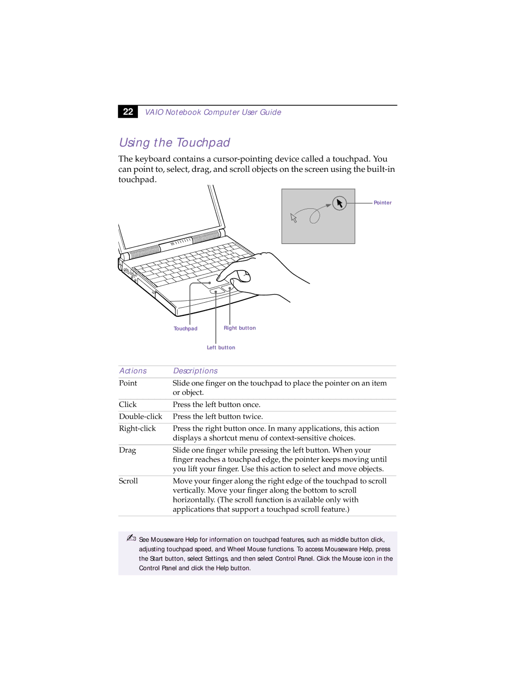 Sony PCG-838 manual Using the Touchpad, Actions Descriptions 