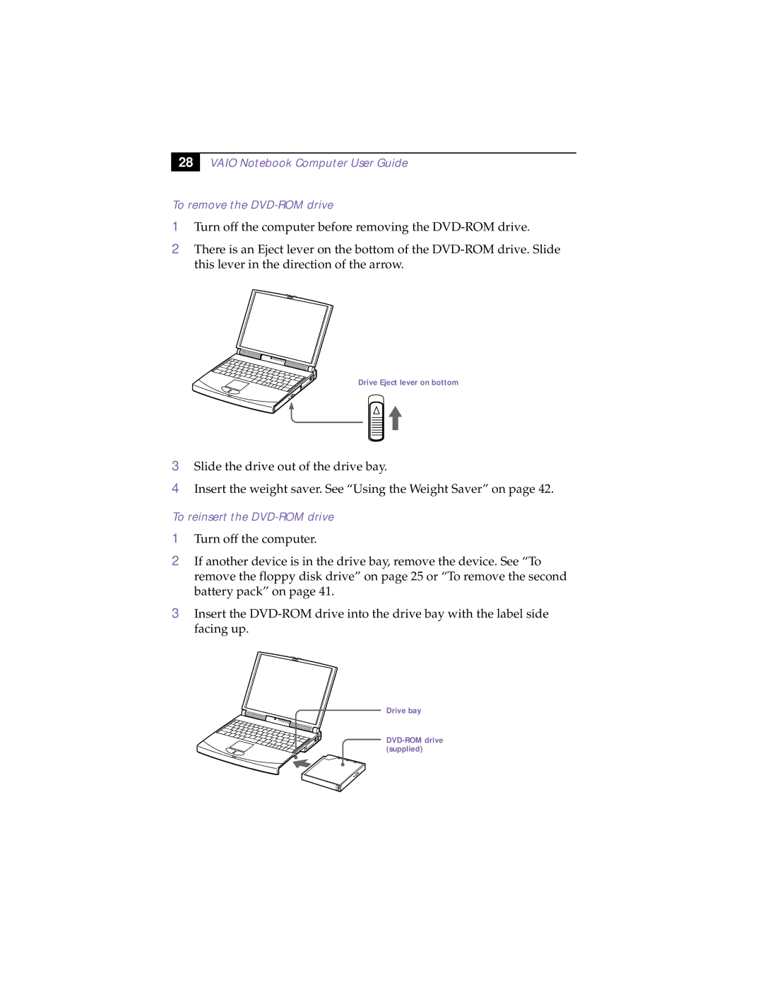 Sony PCG-838 manual To reinsert the DVD-ROM drive 