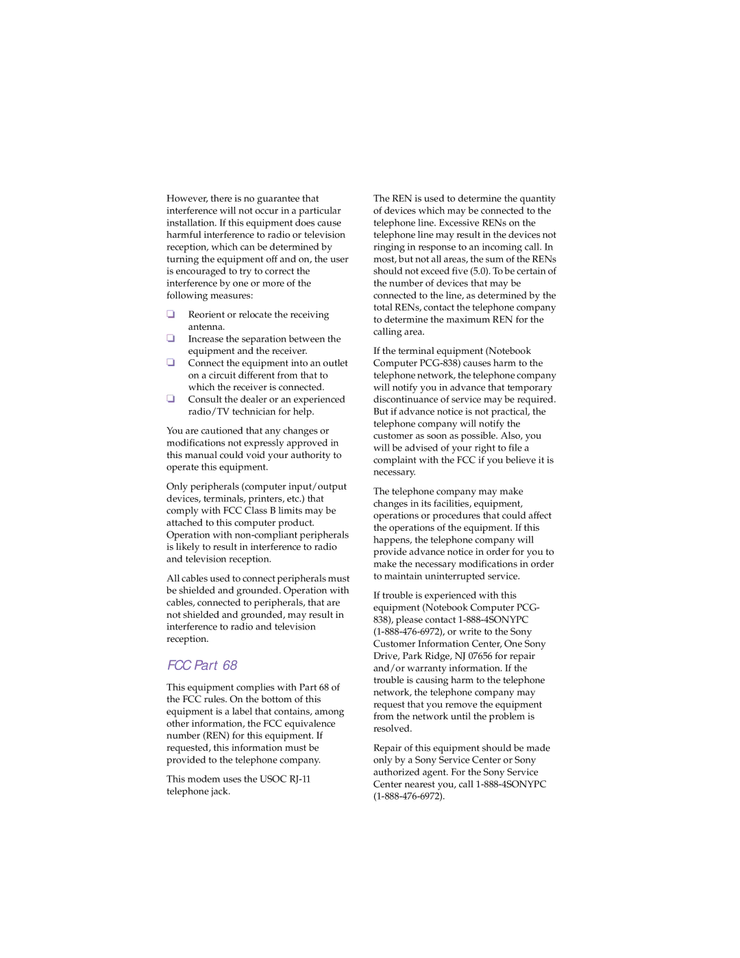 Sony PCG-838 manual FCC Part 