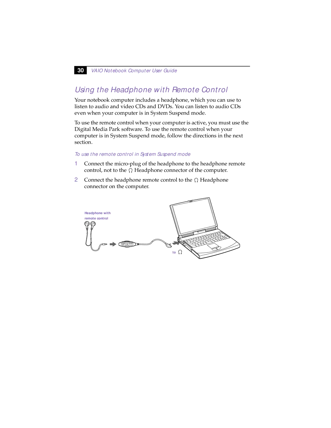 Sony PCG-838 manual Using the Headphone with Remote Control, To use the remote control in System Suspend mode 