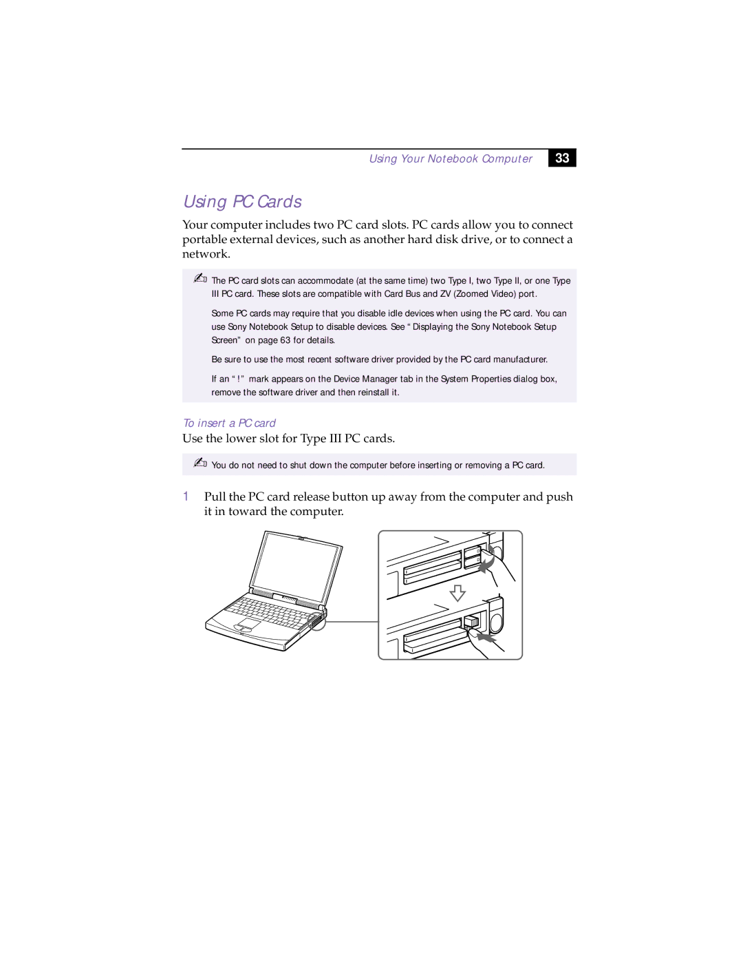 Sony PCG-838 manual Using PC Cards, To insert a PC card 