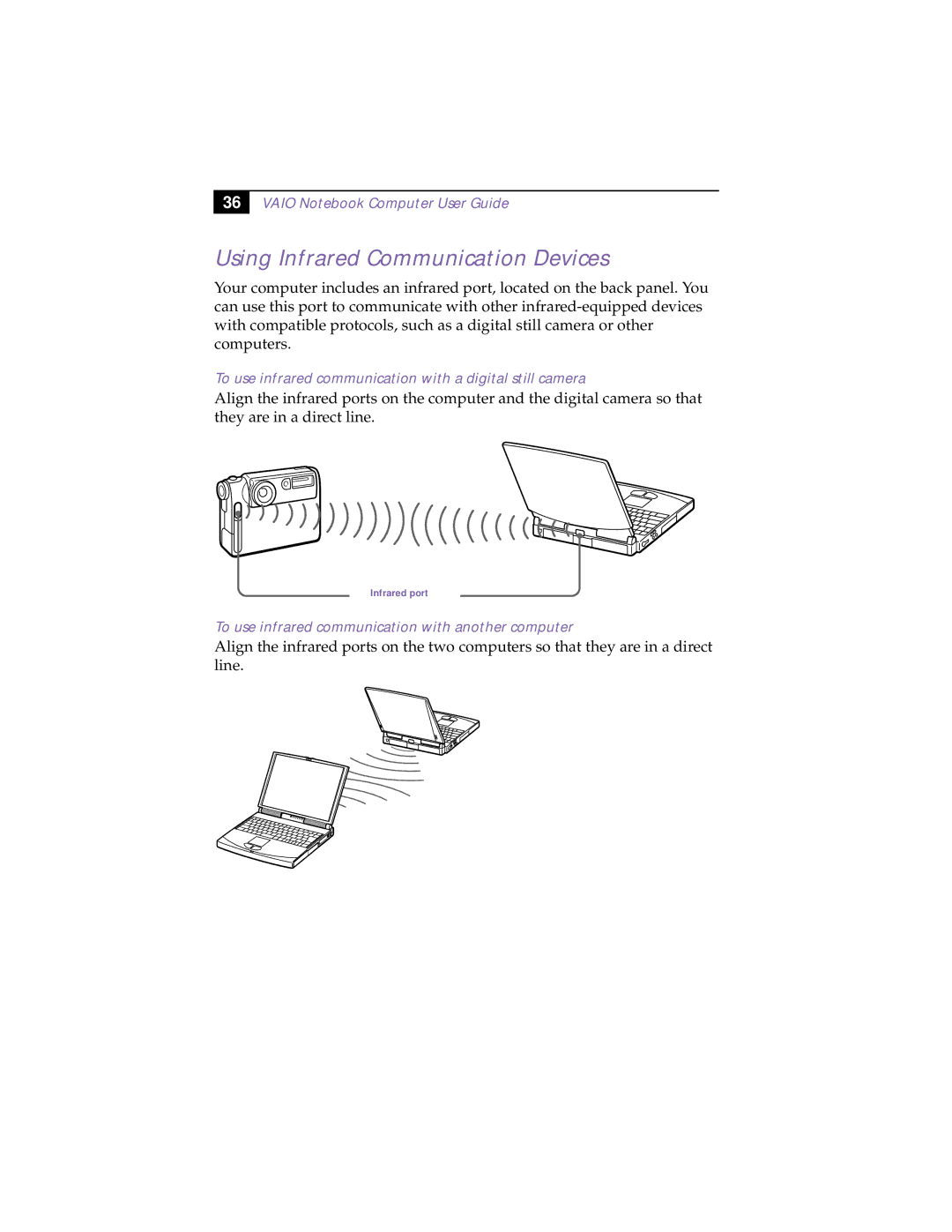 Sony PCG-838 manual Using Infrared Communication Devices, To use infrared communication with a digital still camera 