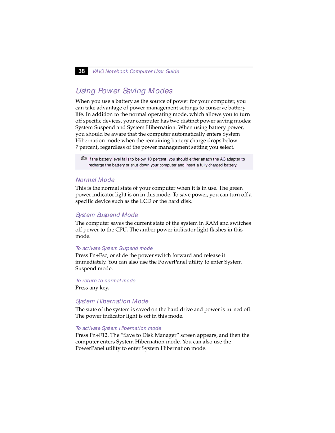 Sony PCG-838 manual Using Power Saving Modes, Normal Mode, System Suspend Mode, System Hibernation Mode 